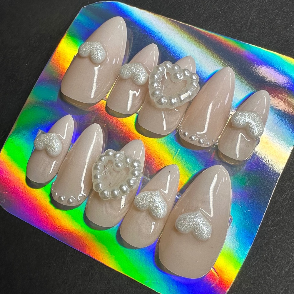medium almond heart gem handmade press on nails